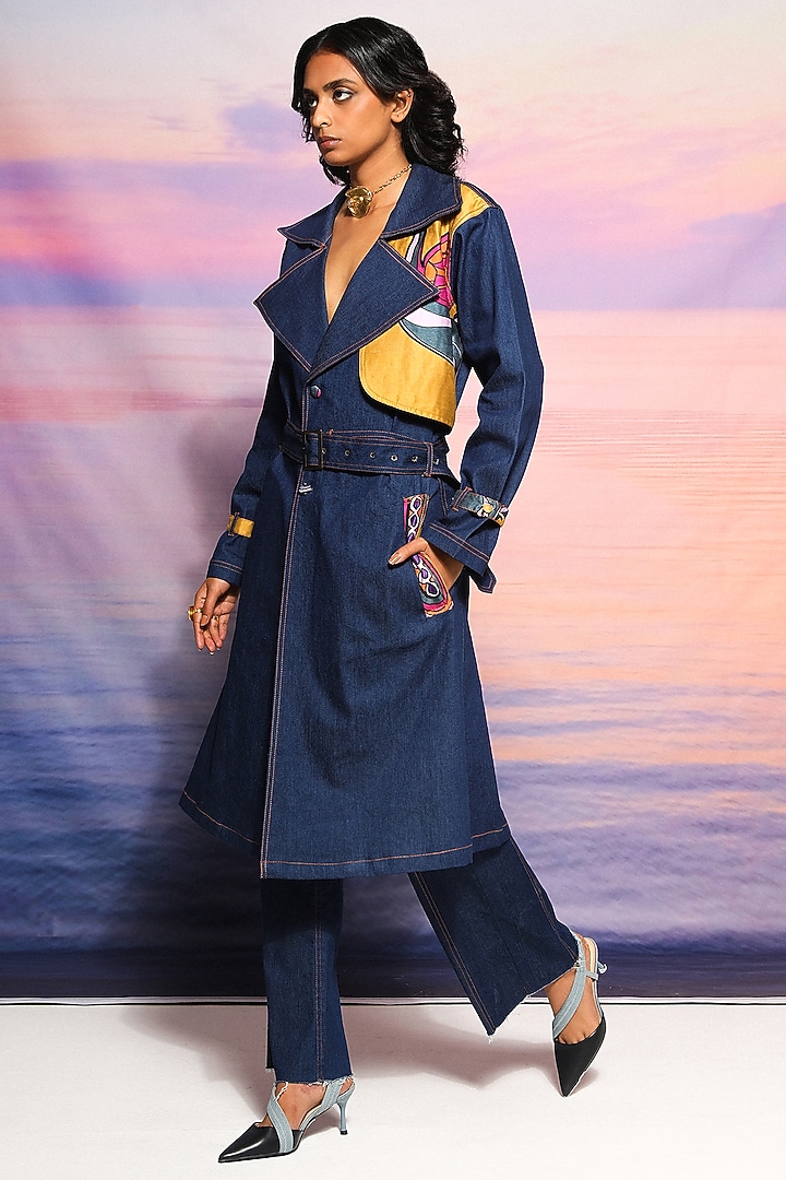 Blue Denim & Chanderi Printed Trench Coat by Ananya Agrawal Label at Pernia's Pop Up Shop