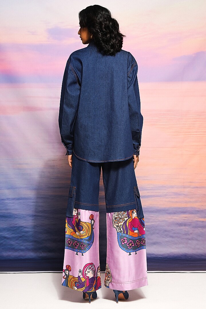Blue Denim Printed Pant Set by Ananya Agrawal Label at Pernia's Pop Up Shop