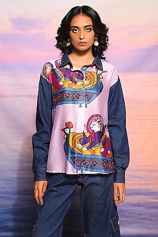 Blue Denim & Chanderi Printed Shirt by Ananya Agrawal Label