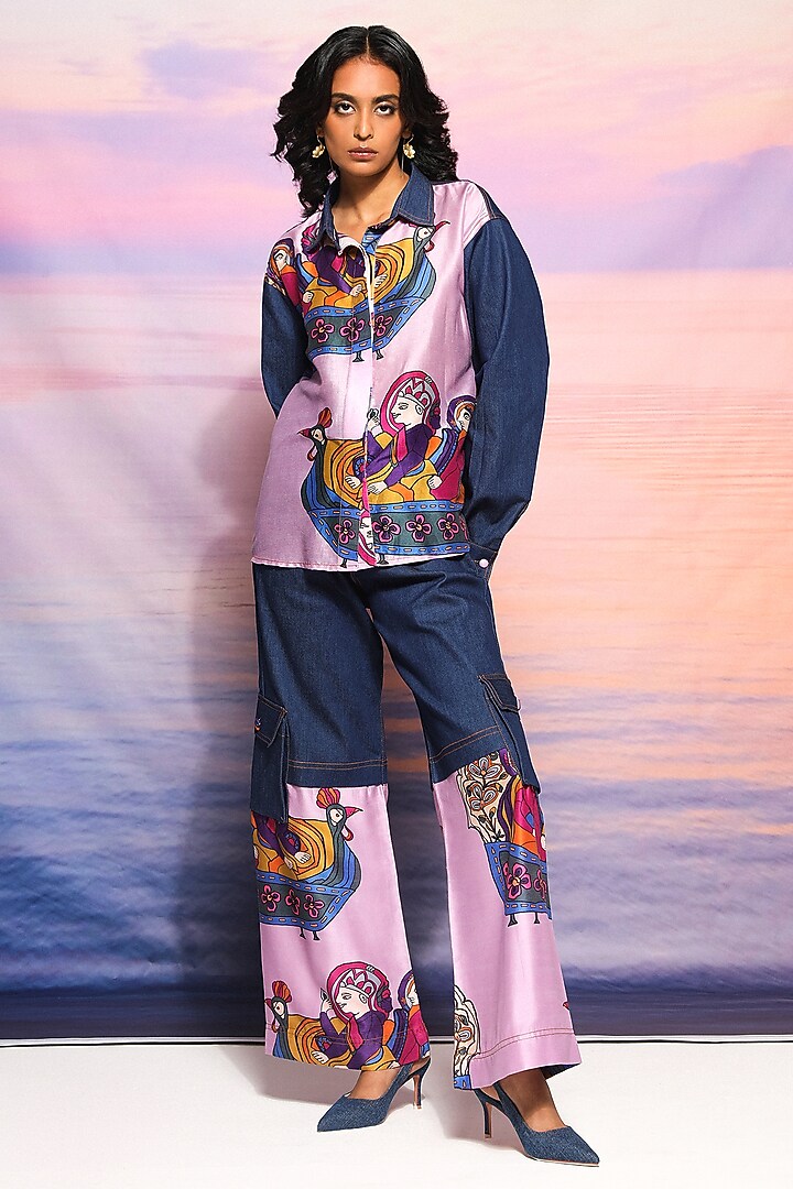 Blue Denim & Chanderi Printed Shirt by Ananya Agrawal Label at Pernia's Pop Up Shop