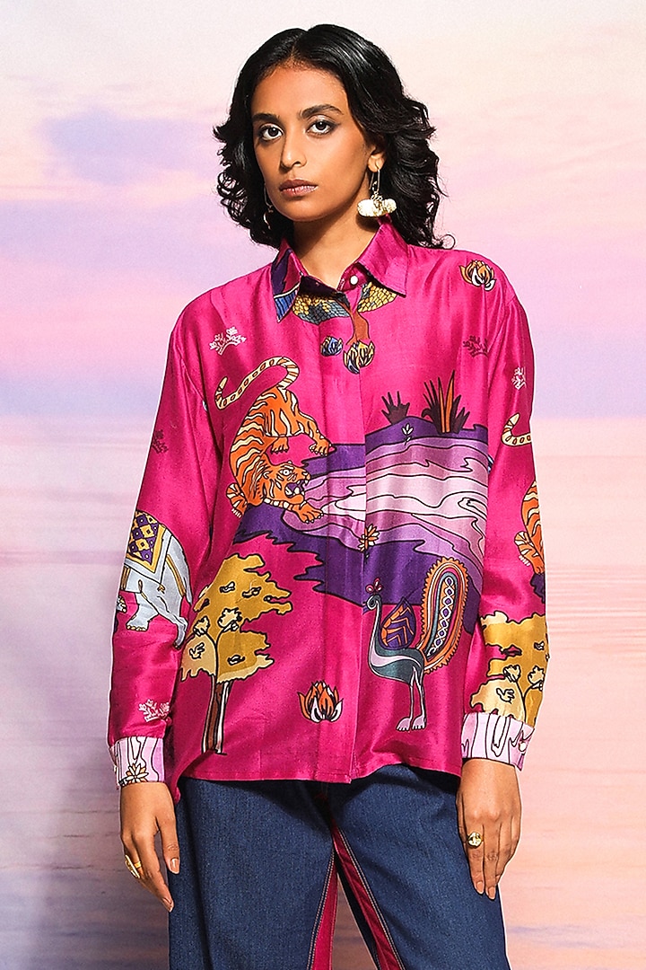 Pink & Blue Chanderi Printed Co-Ord Set by Ananya Agrawal Label at Pernia's Pop Up Shop