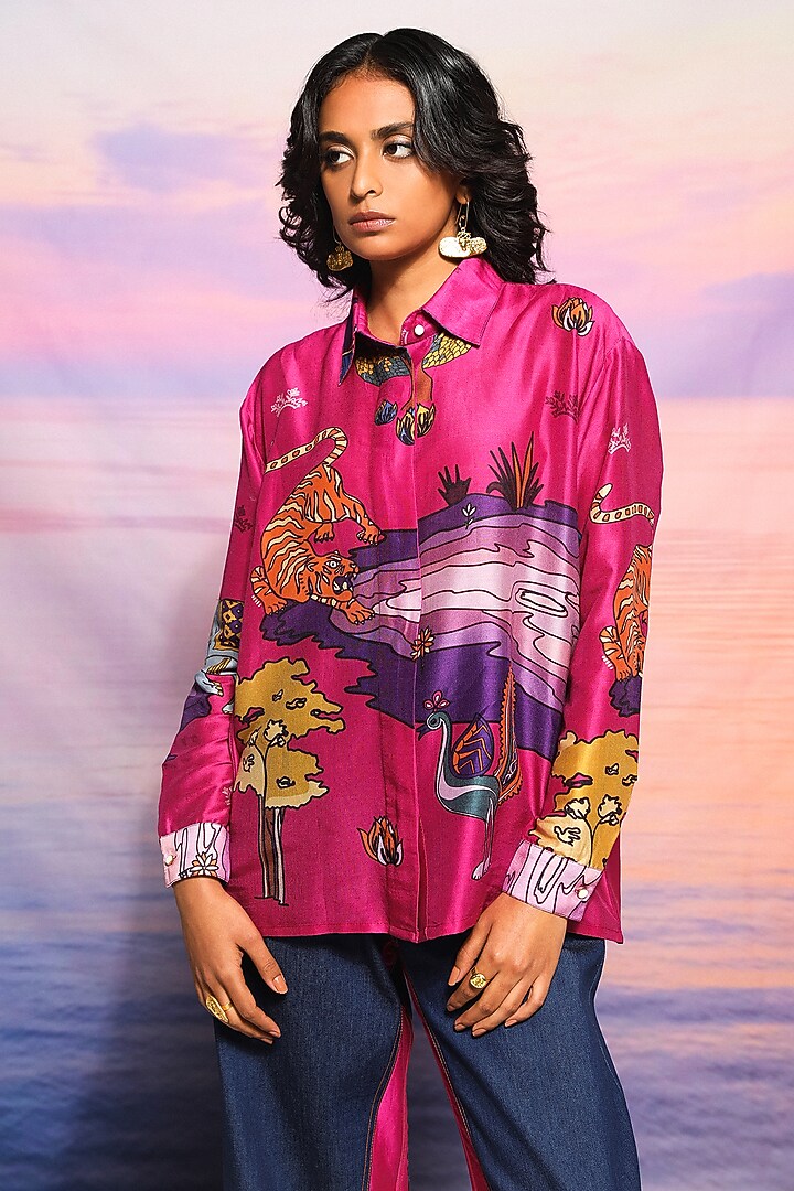 Pink Chanderi Printed Shirt by Ananya Agrawal Label at Pernia's Pop Up Shop
