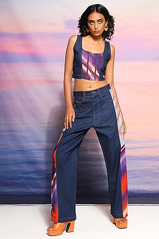 Blue Cupro Crepe & Denim Printed Co-Ord Set by Ananya Agrawal Label