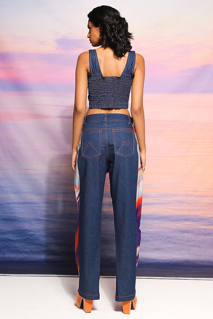 Blue Cupro Crepe & Denim Printed Corset Top by Ananya Agrawal Label at Pernia's Pop Up Shop