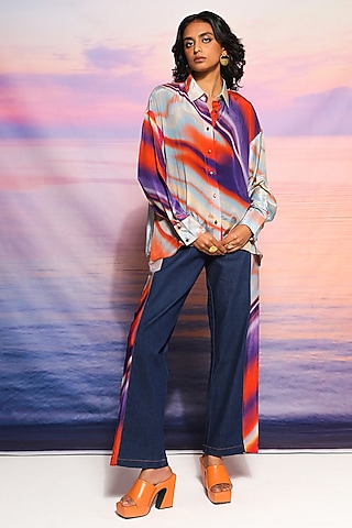 Purple & Blue Cupro Crepe Printed Co-Ord Set by Ananya Agrawal Label