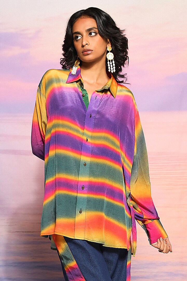 Green Cupro Crepe Printed Shirt by Ananya Agrawal Label at Pernia's Pop Up Shop
