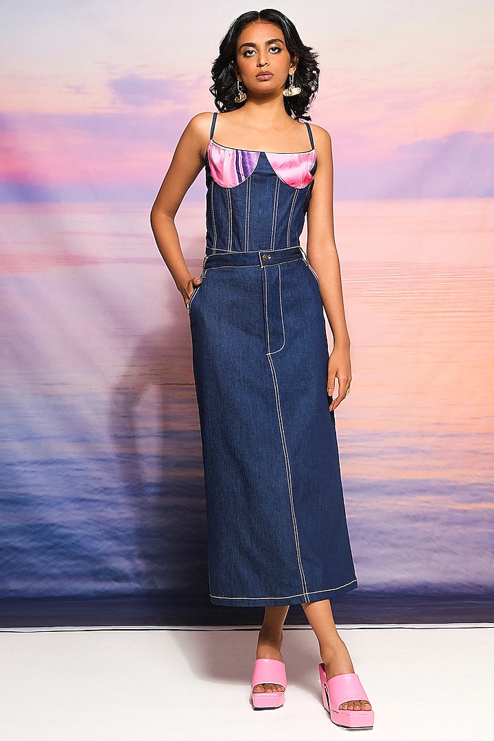 Pink & Blue Denim Strappy Corset Top by Ananya Agrawal Label