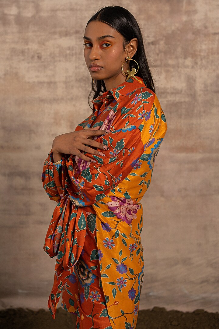Orange & Yellow Chanderi Printed Shirt by Ananya Agrawal Label at Pernia's Pop Up Shop