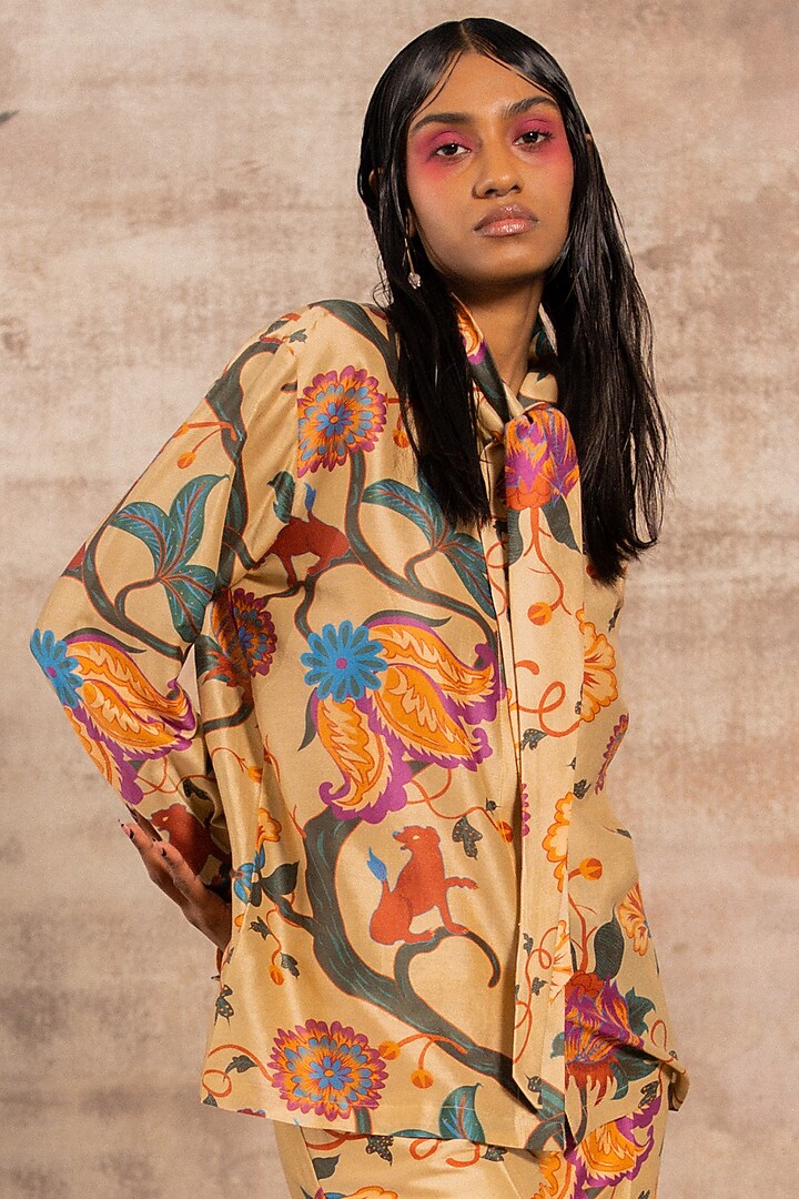 Beige Chanderi Printed Shirt by Ananya Agrawal Label at Pernia's Pop Up Shop