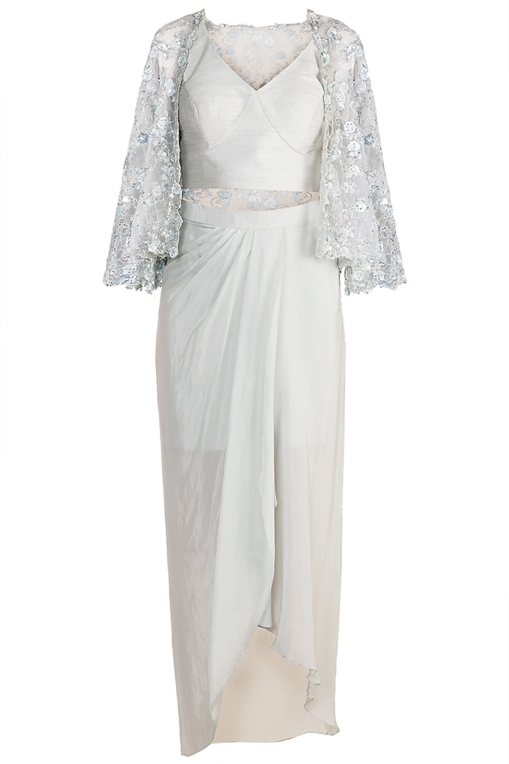 Grey Bustier With Dhoti Skirt & Embellished Jacket by Aarti Mahtani at Pernia's Pop Up Shop