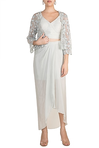 Grey Bustier With Dhoti Skirt & Embellished Jacket by Aarti Mahtani