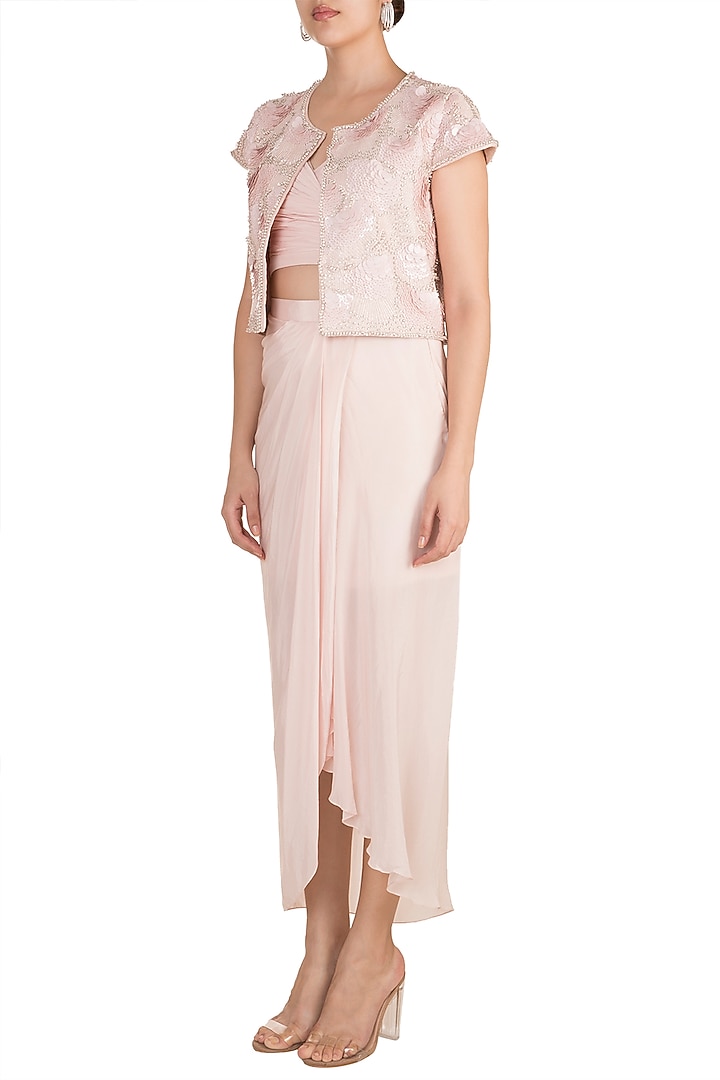 Pink Bustier With Dhoti Skirt & Embellished Jacket by Aarti Mahtani at Pernia's Pop Up Shop