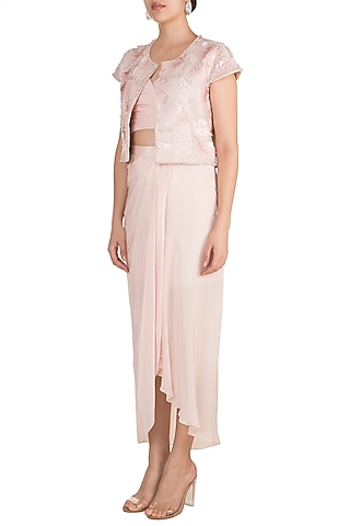 Pink Bustier With Dhoti Skirt & Embellished Jacket by Aarti Mahtani