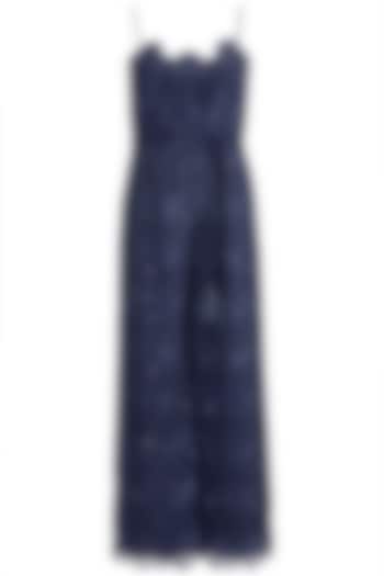 Navy Blue Embellished Jumpsuit With Belt by Aarti Mahtani
