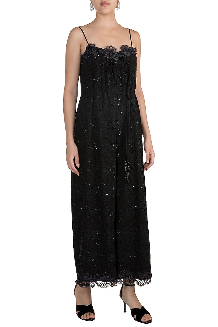 Black Embellished Jumpsuit With Belt by Aarti Mahtani at Pernia's Pop Up Shop