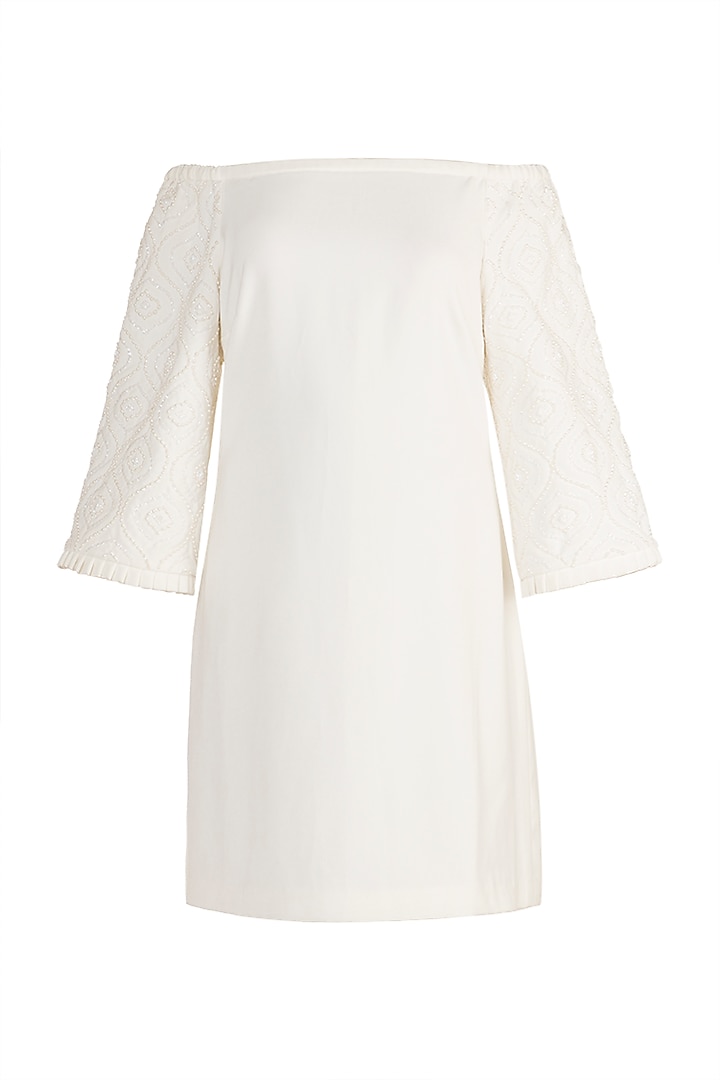 Ivory Embellished Off Shoulder Dress by Aarti Mahtani