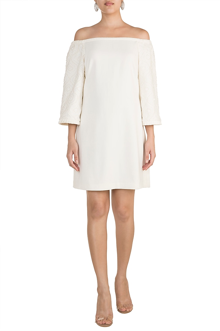 Ivory Embellished Off Shoulder Vacation Dress by Aarti Mahtani at Pernia's Pop Up Shop