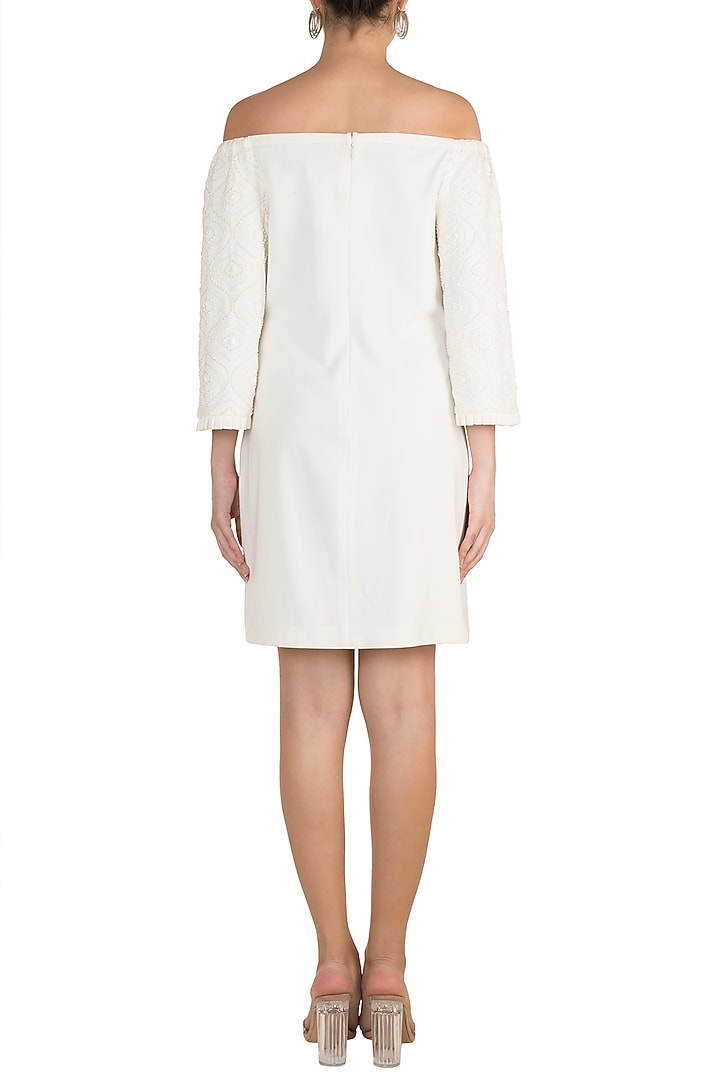 Ivory Embellished Off Shoulder Vacation Dress by Aarti Mahtani at Pernia's Pop Up Shop