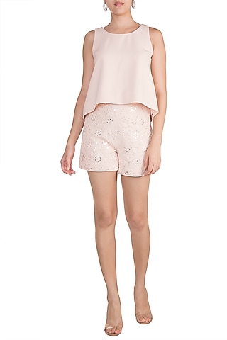 Pink Swing Top With Embellished Shorts by Aarti Mahtani