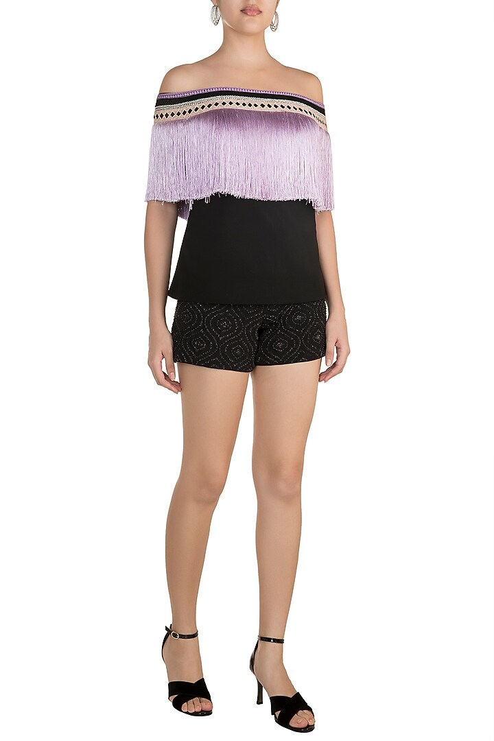Black & Purple Fringe Embellished Top by Aarti Mahtani at Pernia's Pop Up Shop