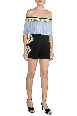 Black & Blue Fringe Embroidered Romper by Aarti Mahtani