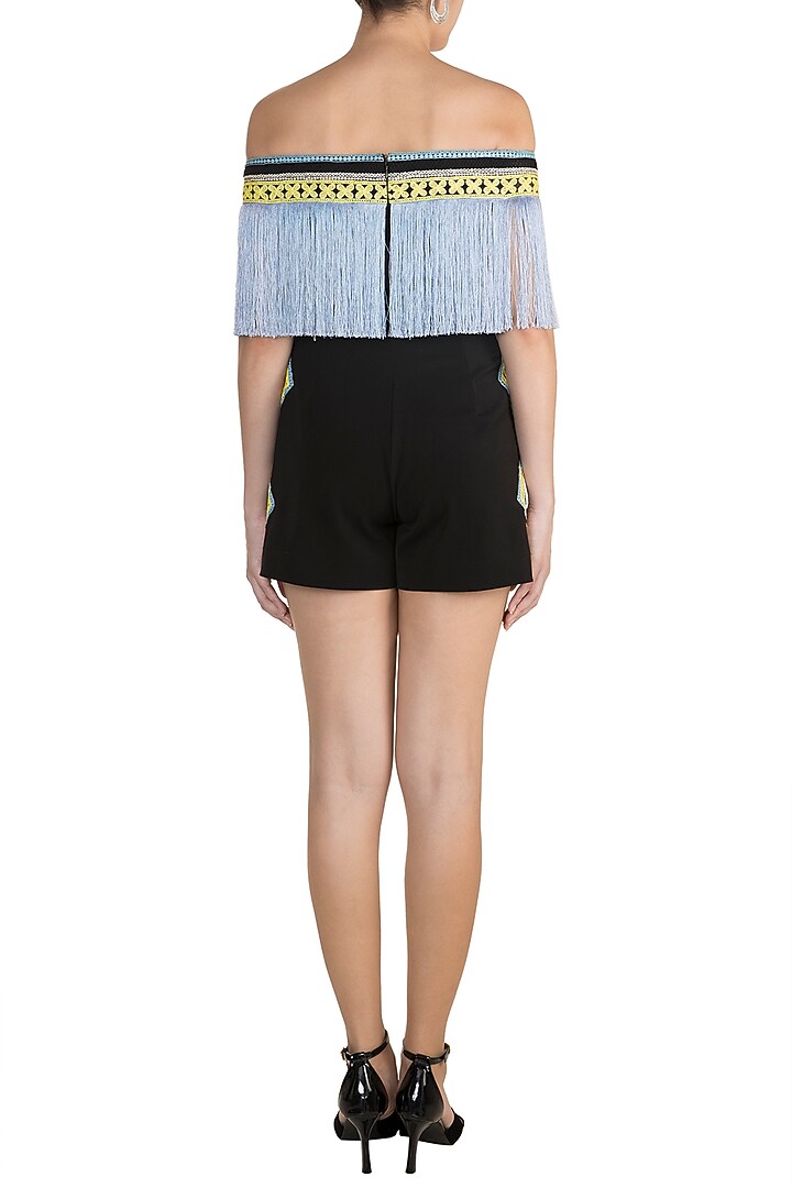 Black & Blue Fringe Embroidered Romper by Aarti Mahtani at Pernia's Pop Up Shop