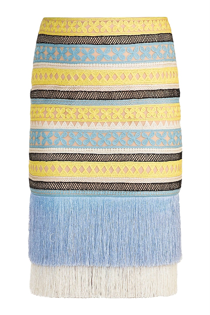Blue & Yellow Fringe Embroidered Skirt by Aarti Mahtani