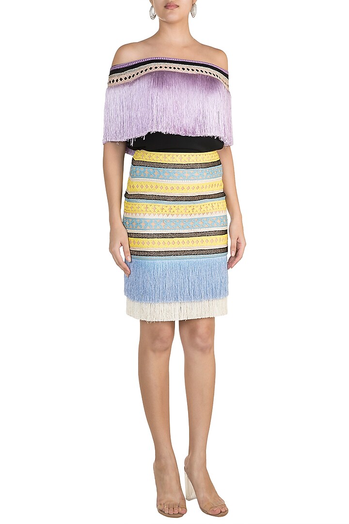 Blue & Yellow Fringe Embroidered Skirt by Aarti Mahtani at Pernia's Pop Up Shop