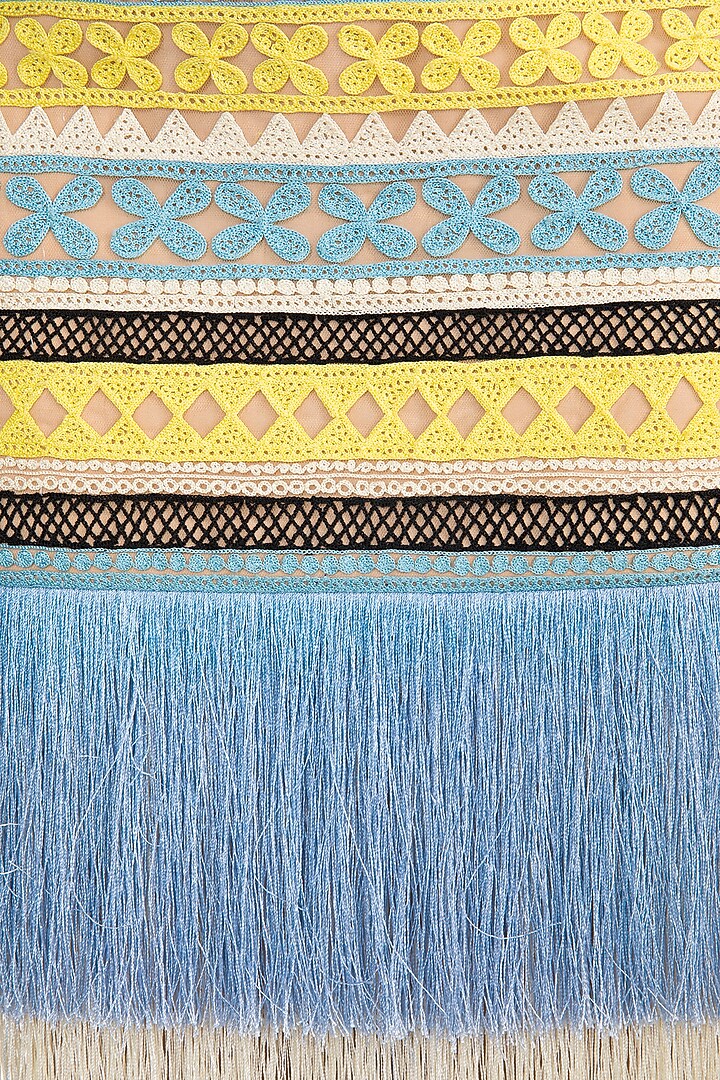 Blue & Yellow Fringe Embroidered Skirt by Aarti Mahtani at Pernia's Pop Up Shop