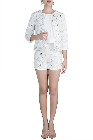 Ivory Mirror Embellished Jacket by Aarti Mahtani