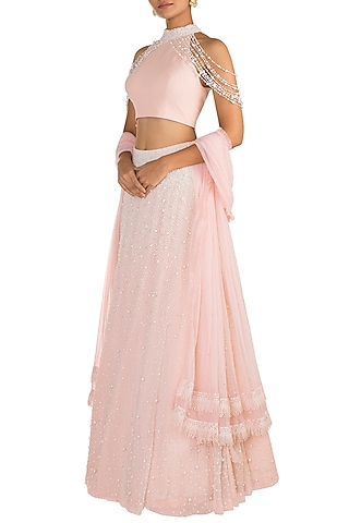 Baby Pink Embroidered & Tassled Lehenga Set by Aarti Mahtani