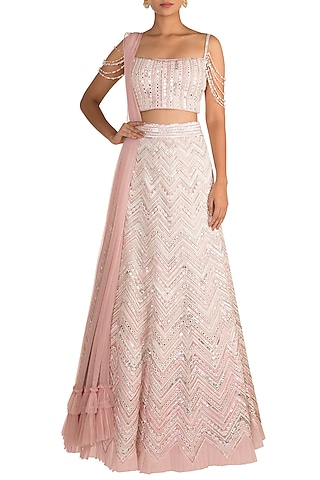 Ivory & Pink Embellished Lehenga Set by Aarti Mahtani