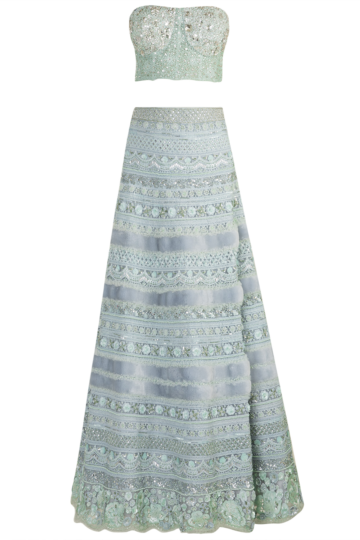Blue Embellished Fur Lehenga Set by Aarti Mahtani