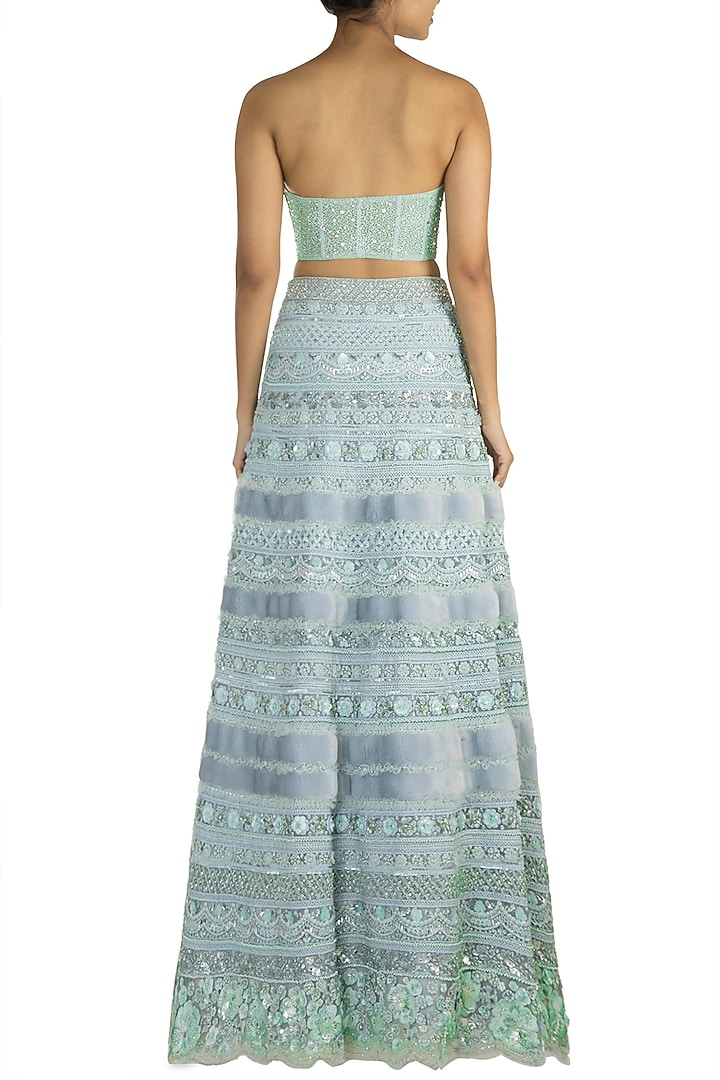 Blue Embellished Fur Lehenga Set by Aarti Mahtani at Pernia's Pop Up Shop