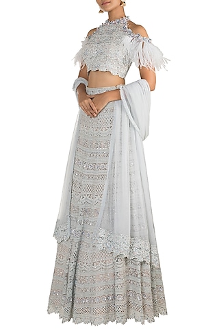 Icy Blue Embellished Cold-Shoulder Lehenga Set by Aarti Mahtani