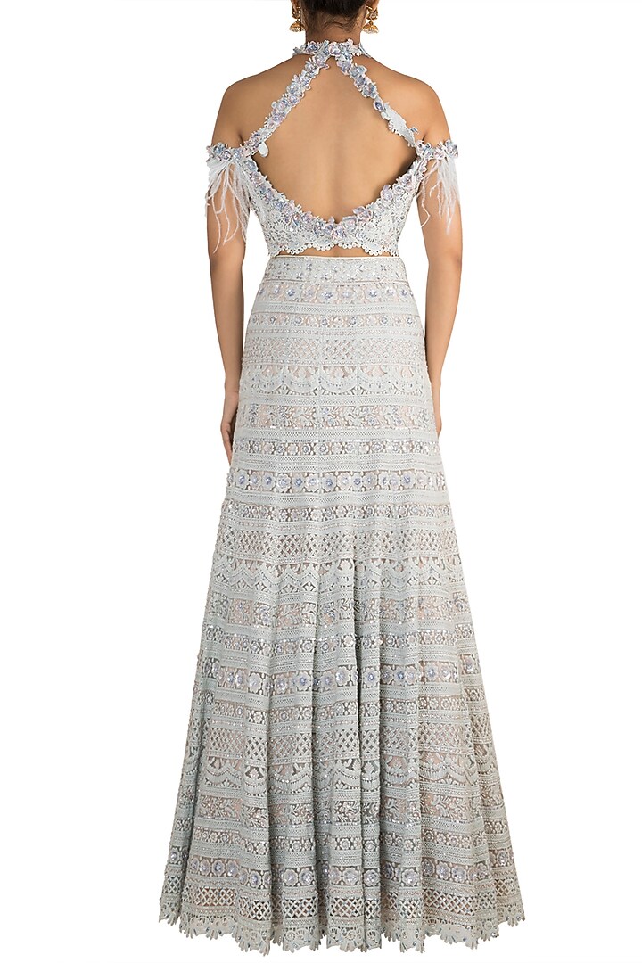 Icy Blue Embellished Cold-Shoulder Lehenga Set by Aarti Mahtani at Pernia's Pop Up Shop