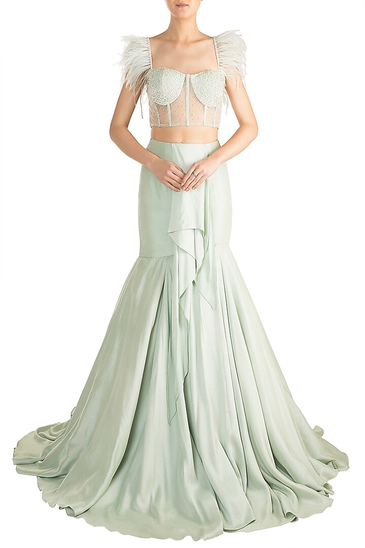 Mint Green Embroidered Wedding Lehenga Set by Aarti Mahtani at Pernia's Pop Up Shop
