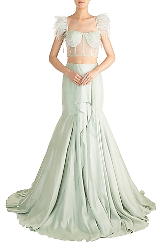 Mint Green Embroidered Lehenga Set by Aarti Mahtani