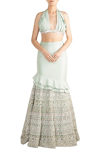 Mint Green Chikankari Embellished Lehenga Set by Aarti Mahtani