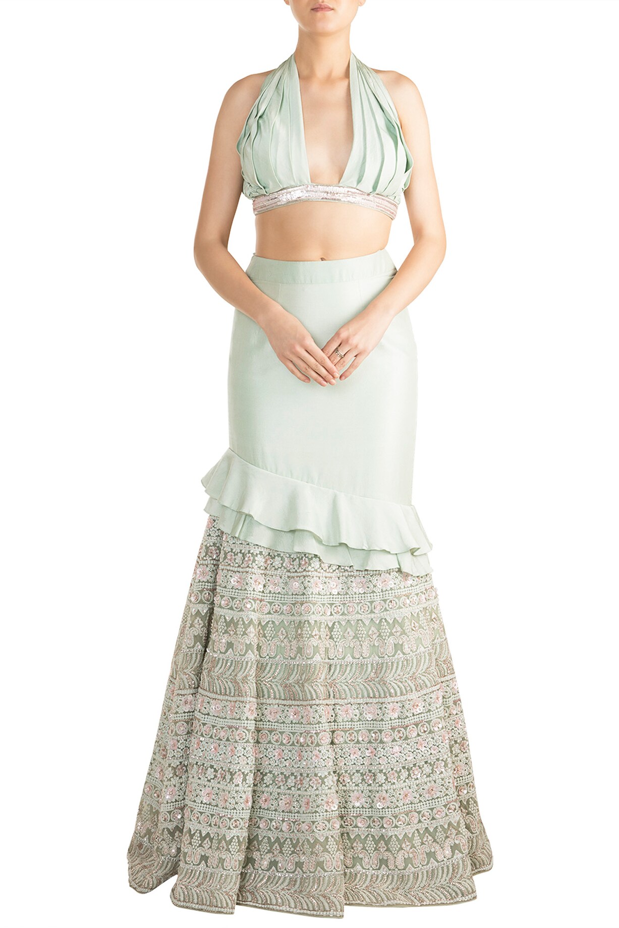 Mint Green Chikankari Embellished Lehenga Set by Aarti Mahtani at ...