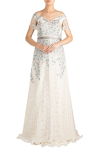 White Chikankari Embroidered Jacket Lehenga Set by Aarti Mahtani