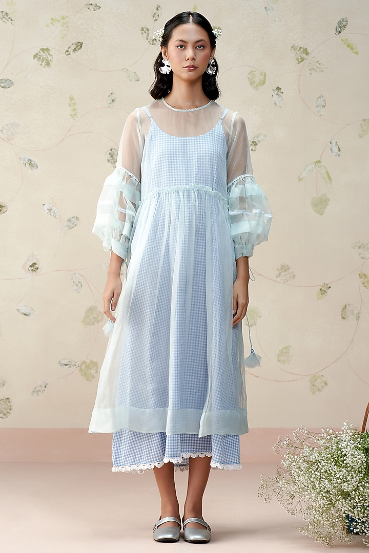 Foam Blue Silk Organza Midi Vacation Dress by AAMRASS at Pernia's Pop Up Shop