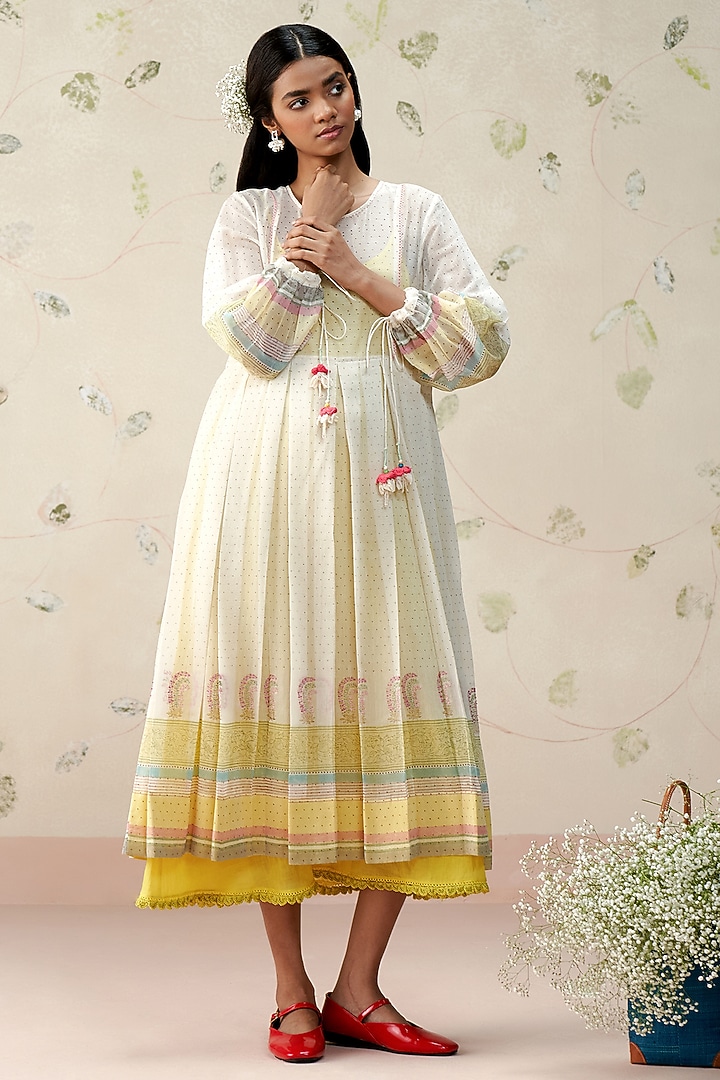 Eggshell-Colored Handwoven Mul Chanderi Midi Vacation Dress by AAMRASS at Pernia's Pop Up Shop