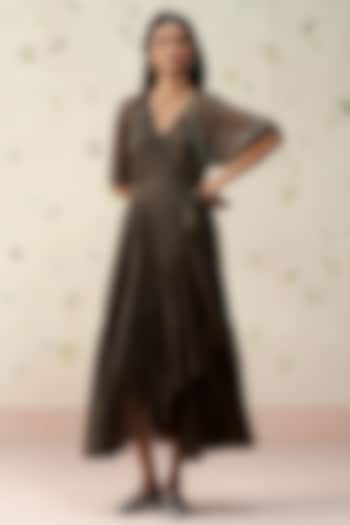 Ash Black Handwoven Mul Chanderi Wrap Tiered Vacation Dress by AAMRASS at Pernia's Pop Up Shop