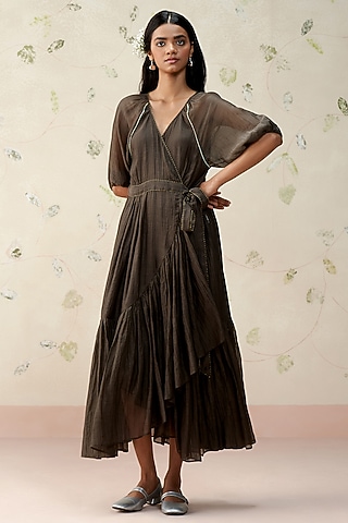 Ash Black Handwoven Mul Chanderi Wrap Tiered Dress by AAMRASS