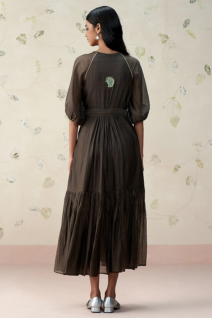 Ash Black Handwoven Mul Chanderi Wrap Tiered Vacation Dress by AAMRASS at Pernia's Pop Up Shop