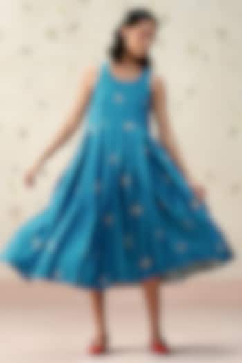 Deep Blue Handwoven Chanderi Hand Embroidered A-Line Vacation Dress by AAMRASS at Pernia's Pop Up Shop