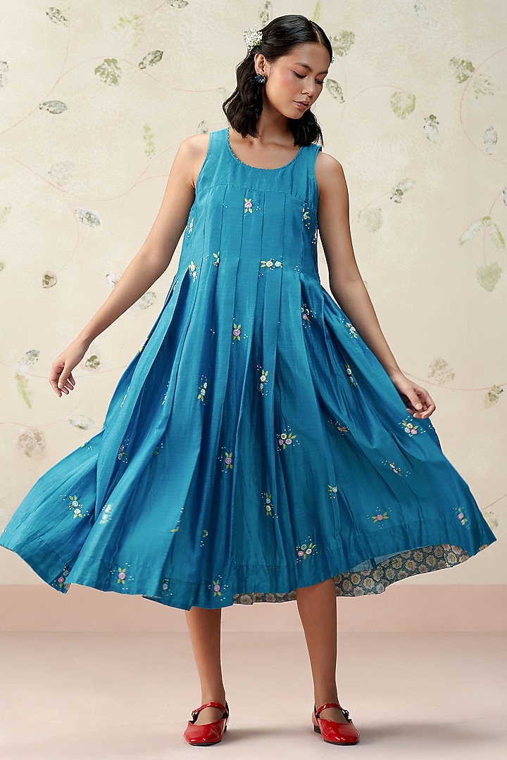 Deep Blue Handwoven Chanderi Hand Embroidered A-Line Vacation Dress by AAMRASS at Pernia's Pop Up Shop