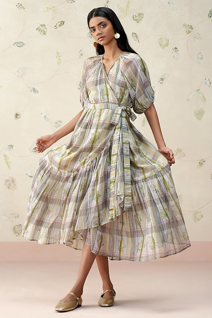 Multi-Colored Handwoven Mul Chanderi Checkered Printed Midi Vacation Dress by AAMRASS at Pernia's Pop Up Shop