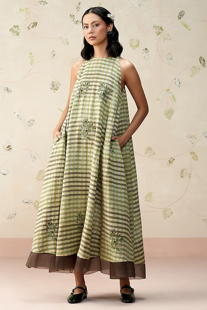 Green Pure Linen Hand Block Printed Flared Vacation Dress by AAMRASS at Pernia's Pop Up Shop